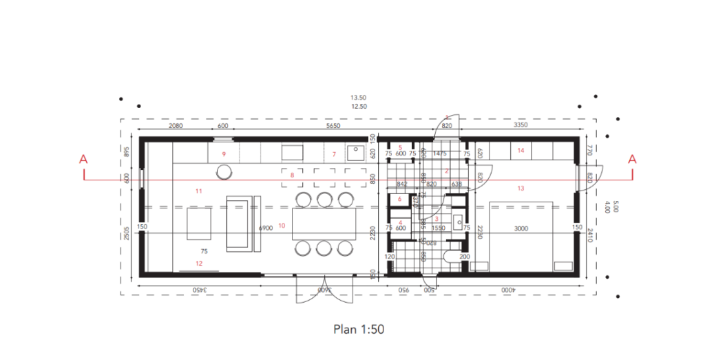 Plantegning af kolonihavehus, på ca. 50 kvm der skal installeres bad
