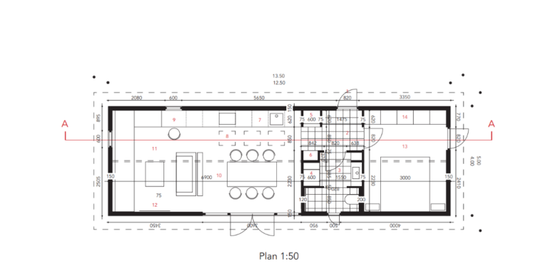 Plantegning af kolonihavehus, på ca. 50 kvm der skal installeres bad